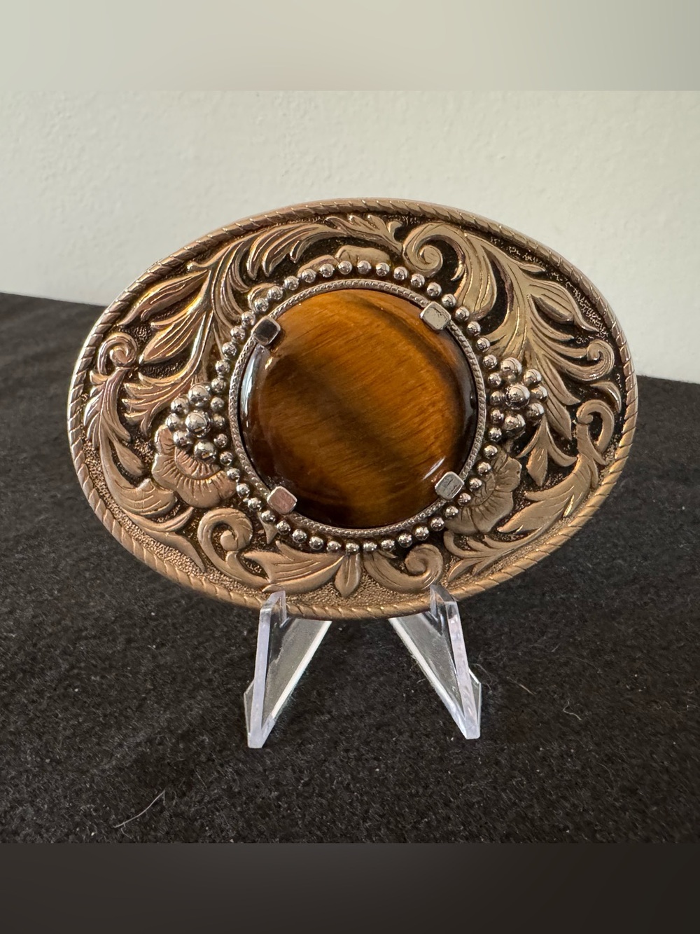 Coastal Cowgirl Ornate Tiger's Eye Western Belt Buckle Silver Tone Metal